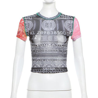 Short sleeve crewneck sheer mesh print top