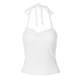 Halter bowknot lace hem ruched knotted top