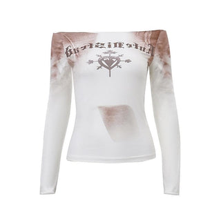 Long sleeve off shoulder tie dye abstract contrast top
