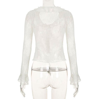 Long sleeve ruffle lace see through top