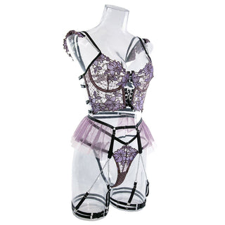Embroidery metal chain mesh garter lingerie set
