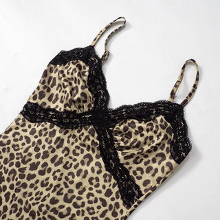 Lace hem patchwork leopard print cami mini dress