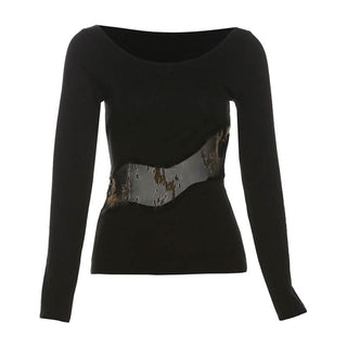 Long sleeve mesh print irregular solid top
