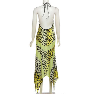 Halter print deep u neck patchwork 2-way midi dress