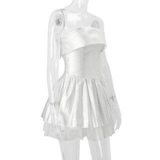 Off shoulder glitter mesh ruffle mini dress