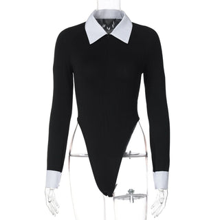 Turnover collar long sleeve zip-up button bodysuit