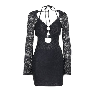 Halter long sleeve lace hollow out o ring cut out mini dress