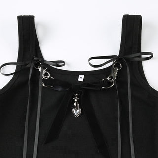 Bowknot ribbon heart applique ribbed crop top