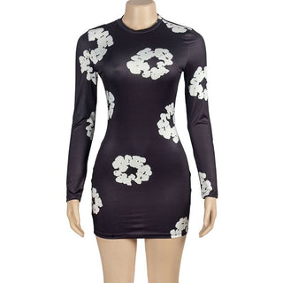 Long sleeve crewneck flower print mini dress