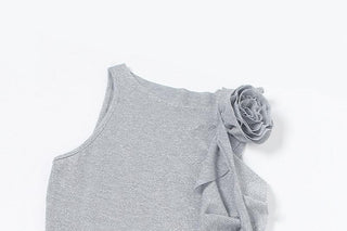 Crewneck flower applique glitter ruffle top