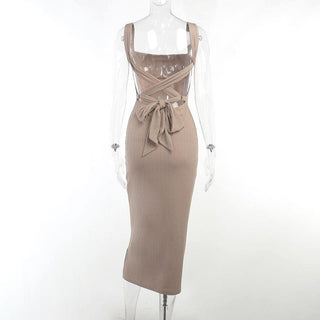 Textured lace up knotted solid midi cami dress