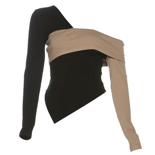 Long sleeve irregular one shoulder contrast top