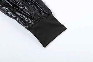 Turnover collar long sleeve PU leather zip-up coat top