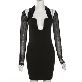 Long sleeve halter mesh patchwork solid mini dress