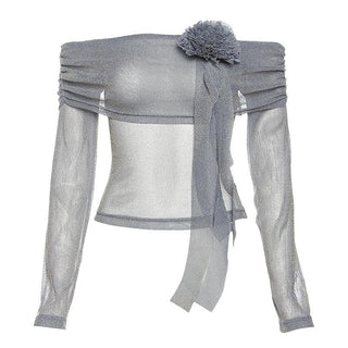 Long sleeve off shoulder flower applique glitter top