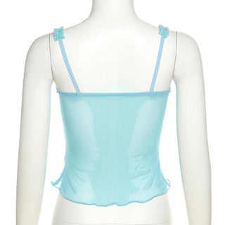 Sweetheart neck mesh bowknot backless ruffle lace hem cami top