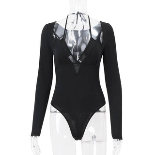 Long sleeve halter self tie v neck button bodysuit