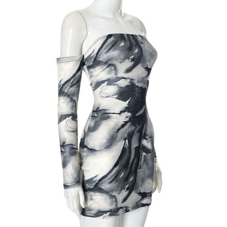 Off shoulder tie dye print long sleeve mini dress