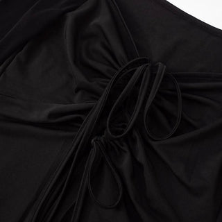 Off shoulder long sleeve mesh slit ruched self tie top