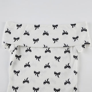 Off shoulder bowknot ribbed print top