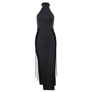 Sleeveless solid hollow out slit lace up cut out midi dress