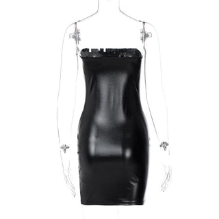 Sleeveless solid PU leather backless tube dress