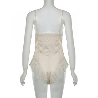 Lace patchwork satin ruffle cami bodysuit