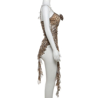 Leopard print flower applique irregular ruffle cami top
