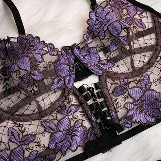 Embroidery metal chain mesh garter lingerie set