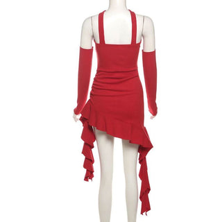 Halter ruffle fluffy gloves mini dress