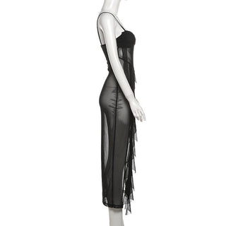 Sweetheart neck ruffle high slit sheer mesh cami midi dress