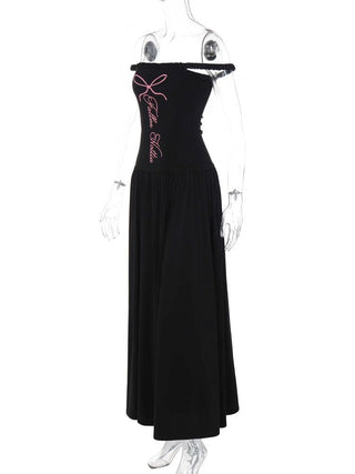 Letter print off shoulder ruched maxi dress