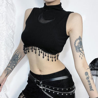Sleeveless high neck moon pattern beaded crop top