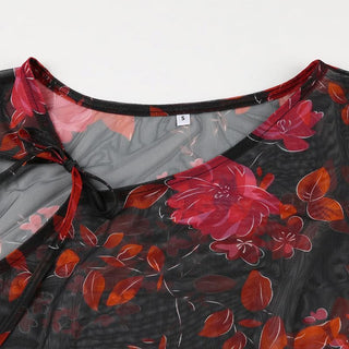 Irregular sheer mesh print ruffle top