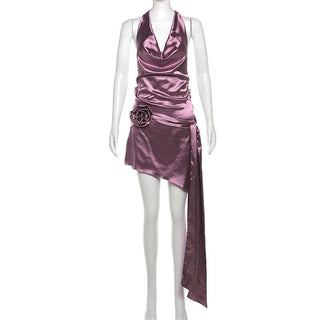 Cowl neck halter flower applique knotted mini dress