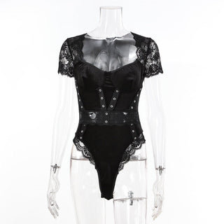 Short sleeve lace velvet patchwork bodysuit