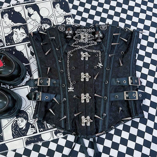 Metal chain skull applique print buckle lace up tube top