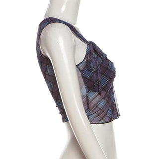 V neck plaid print bowknot crop top