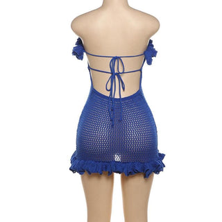 Knitted ruffle see through knotted tube mini dress