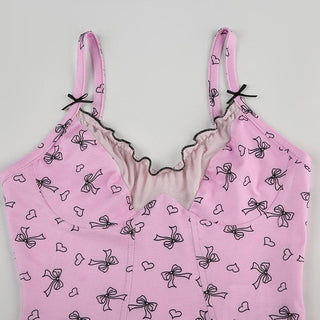 Ruffle bowknot print cami top