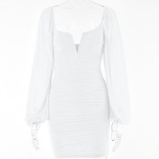 Mesh solid long sleeve ruched notch neck zip-up mini dress