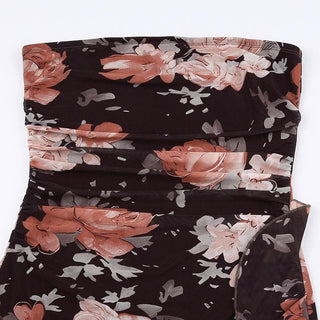 Mesh flower print contrast ruched ruffle backless tube mini dress