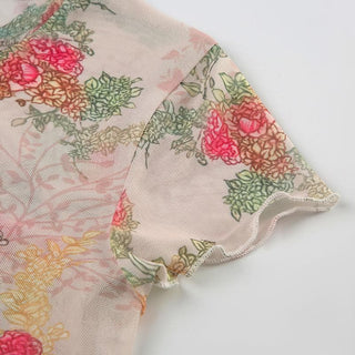 Short sleeve flower print ruffle sheer mesh top