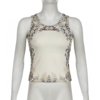 Sleeveless u neck print ribbed top