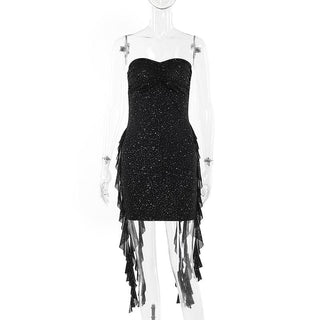 Ruffle ruched beaded sweetheart neck tube mini dress