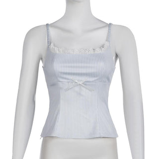 Striped print lace hem zip-up bowknot cami top