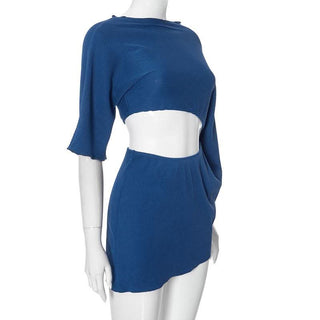 Irregular hollow out ribbed solid cut out mini dress