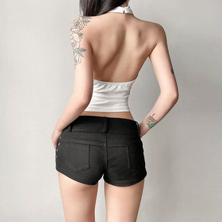 Halter button lace hem print backless top