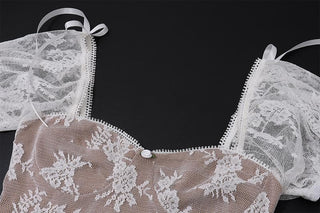 Short puff sleeve bowknot lace ruffle mini dress