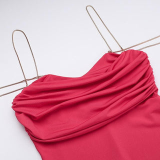 Cowl neck off shoulder ruched slit cami midi dress